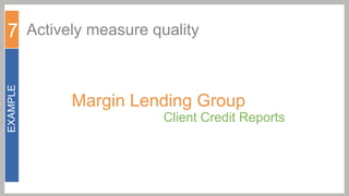 EXAMPLE

7 Actively measure quality

Margin Lending Group

Client Credit Reports

 