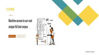 CORE
a free search engine for
academic publications and
research papers.
0Introduction
It allows users to track
citation counts for research
papers, which can help
assess the impact and
influence of academic
publications.
Citation Analysis
Researchers can create
and manage author
profiles, which showcase
their publications, citation
metrics, and collaboration
networks.
Author Profiles
Microsoft Academic
provides visualizations of
research collaboration
networks, helping users
identify connections
between researchers and
institutions.
Collaboration Network
Users can filter search
results to find open-access
research papers that are
freely available.
October 29, 2023
 