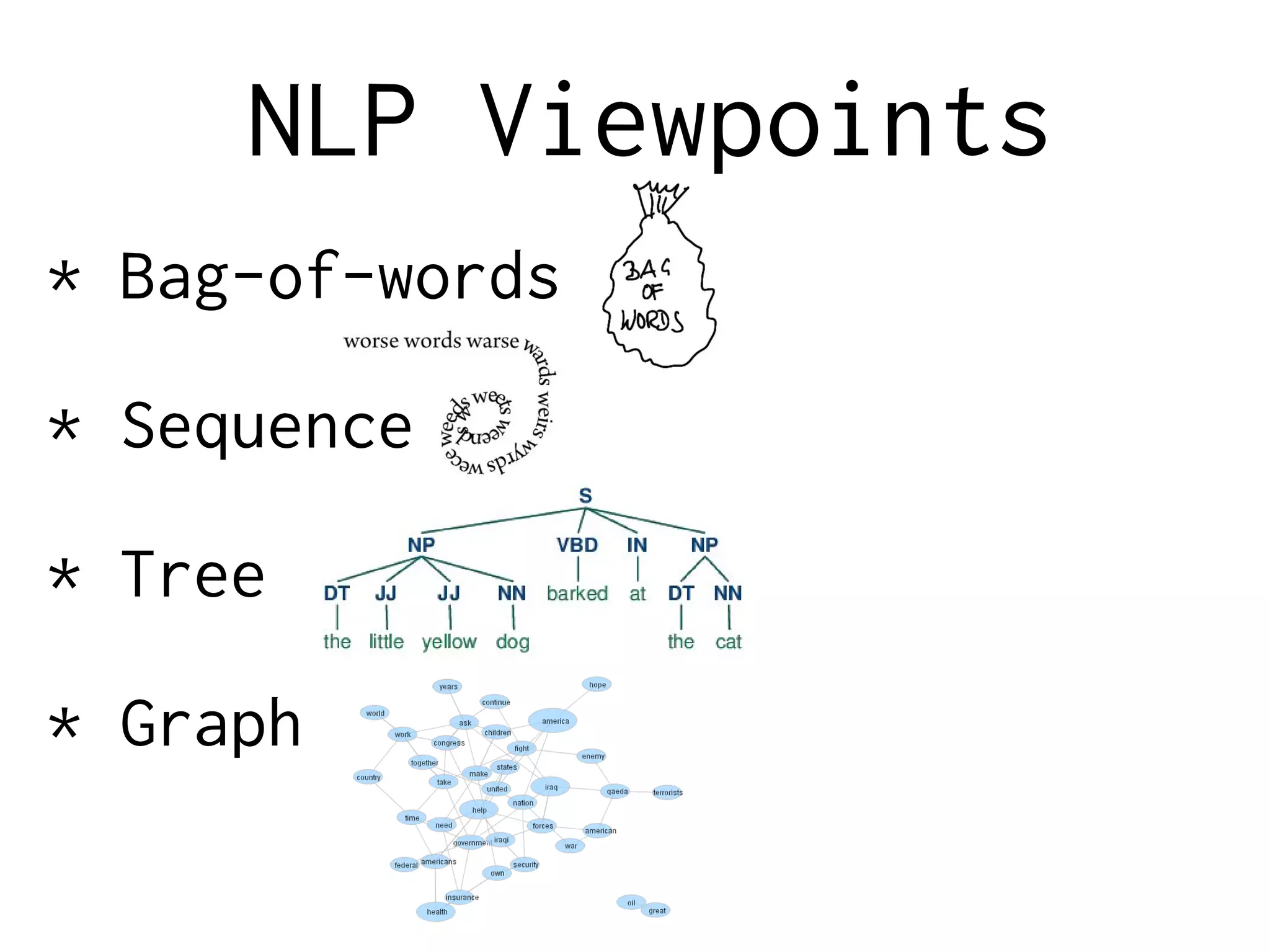 NLP Viewpoints
* Bag-of-words
* Sequence
* Tree
* Graph
 