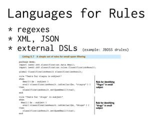 Languages for Rules
* regexes
* XML, JSON
* external DSLs (example: JBOSS drules)
 