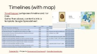 TimeMapper juxtaposes timeline and / or
map.
Same then above, content is into a
template Google Spreadsheet
Timelines (wit...