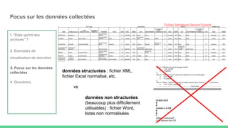Focus sur les données collectées
données structurées : fichier XML,
fichier Excel normalisé, etc.
vs
données non structurées
(beaucoup plus difficilement
utilisables) : fichier Word,
listes non normalisées
1. “Data sprint des
archives” ?
2. Exemples de
visualisation de données
3. Focus sur les données
collectées
4. Questions
Fichier Sénateurs Second Empire
 