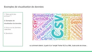 1. “Data sprint des
archives” ?
2. Exemples de
visualisation de données
3. Focus sur les données
collectées
4. Questions
Exemples de visualisation de données
ou comment obtenir, à partir d’un “simple” fichier XLS ou XML, toute sorte de chose...
 