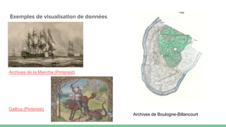 Exemples de visualisation de données
Archives de la Manche (Pinterest)
Gallica (Pinterest)
Archives de Boulogne-Billancourt
 