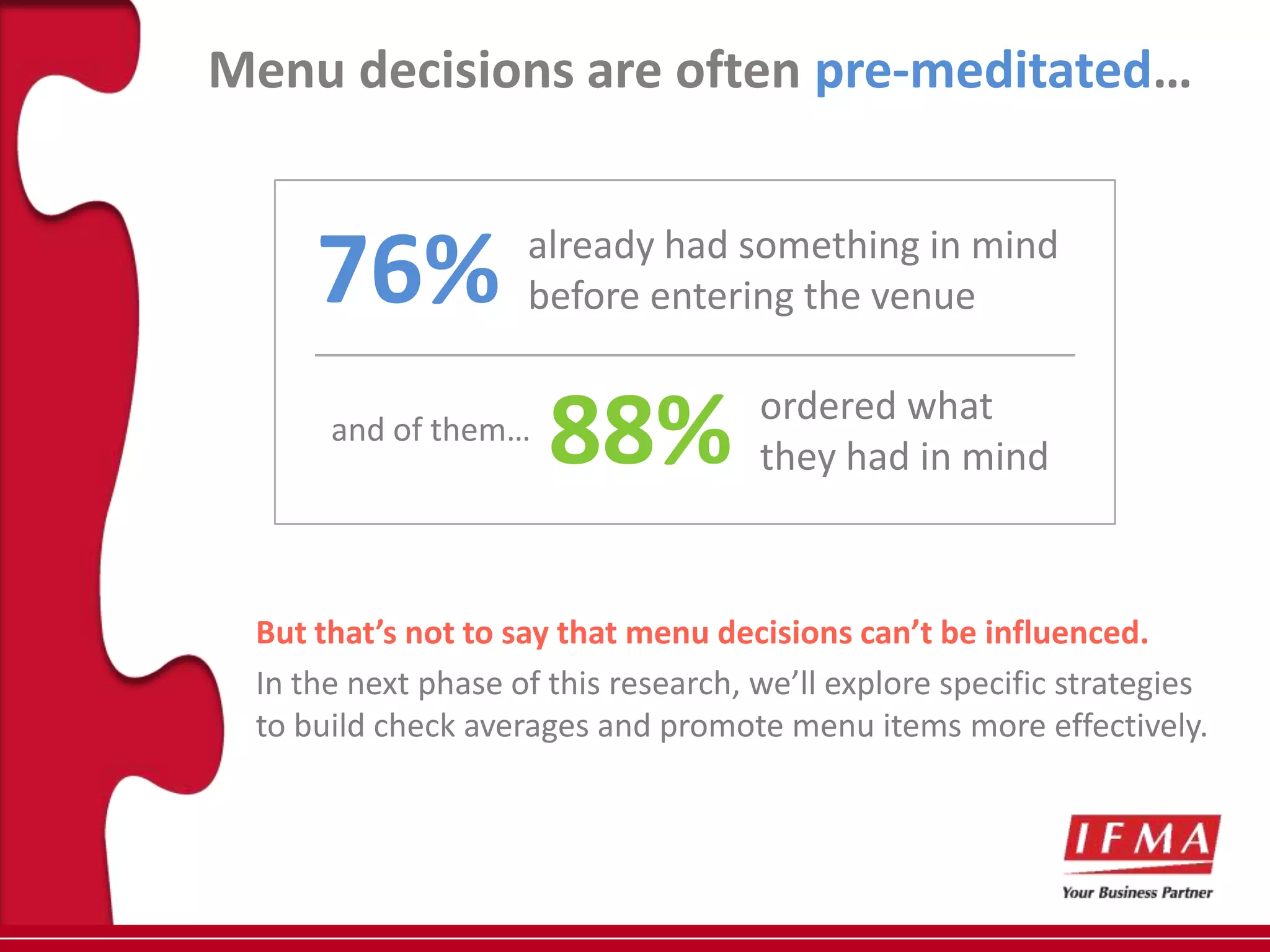 Menu decisions are often pre-meditated…


     76%            already had something in mind
                    before entering the venue


      and of them…
                      88%            ordered what
                                     they had in mind



 But that’s not to say that menu decisions can’t be influenced.
 In the next phase of this research, we’ll explore specific strategies
 to build check averages and promote menu items more effectively.
 