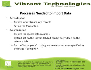 Processes Needed to Import Data
• Recordization
– Divides input stream into records
– Set on the format tab
• Columnization
– Divides the record into columns
– Default set on the format tab but can be overridden on the
columns tab
– Can be “incomplete” if using a schema or not even specified in
the stage if using RCP
 