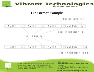 File Format Example
F ie ld 1
F ie ld 1
F ie ld 1
F ie ld 1
F ie ld 1
F ie ld 1
,
,
,
,
,
,
L a s t f ie ld
L a s t f ie ld
n l
n l,
F i e l d D e l i m i t e r
F i n a l D e l i m i t e r = c o m m a
F i n a l D e l i m i t e r = e n d
R e c o r d d e l i m i t e r
 