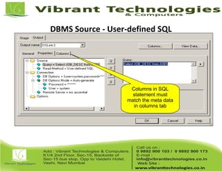 DBMS Source - User-defined SQL
Columns in SQL
statement must
match the meta data
in columns tab
 