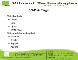 DBMS As Target
• Write Methods
– Delete
– Load
– Upsert
– Write (DB2)
• Write mode for load method
– Truncate
– Create
– Replace
– Append
 