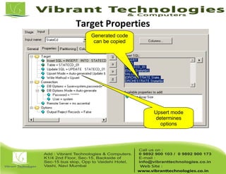 Target Properties
Upsert mode
determines
options
Generated code
can be copied
 