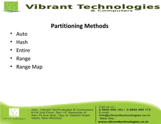 Partitioning Methods
• Auto
• Hash
• Entire
• Range
• Range Map
 