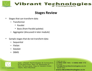 Stages Review
• Stages that can transform data
– Transformer
• Parallel
• Basic (from Parallel palette)
– Aggregator (discussed in later module)
• Sample stages that do not transform data
– Sequential
– FileSet
– DataSet
– DBMS
 