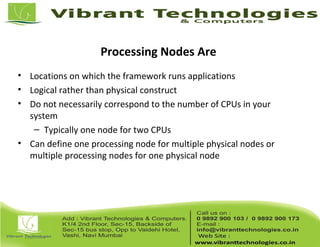 Processing Nodes Are
• Locations on which the framework runs applications
• Logical rather than physical construct
• Do not necessarily correspond to the number of CPUs in your
system
– Typically one node for two CPUs
• Can define one processing node for multiple physical nodes or
multiple processing nodes for one physical node
 
