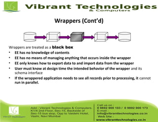 Wrappers (Cont’d)
Wrappers are treated as a black box
• EE has no knowledge of contents
• EE has no means of managing anything that occurs inside the wrapper
• EE only knows how to export data to and import data from the wrapper
• User must know at design time the intended behavior of the wrapper and its
schema interface
• If the wrappered application needs to see all records prior to processing, it cannot
run in parallel.
 