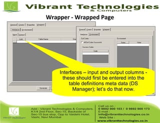 Wrapper - Wrapped Page
Interfaces – input and output columns -
these should first be entered into the
table definitions meta data (DS
Manager); let’s do that now.
 
