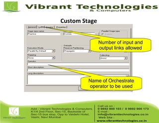 Custom Stage
Name of Orchestrate
operator to be used
Number of input and
output links allowed
 