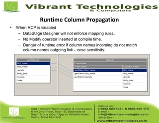 Runtime Column Propagation
• When RCP is Enabled
– DataStage Designer will not enforce mapping rules.
– No Modify operator inserted at compile time.
– Danger of runtime error if column names incoming do not match
column names outgoing link – case sensitivity.
 