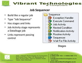 Job Sequencer
• Build like a regular job
• Type “Job Sequence”
• Has stages and links
• Job Activity stage represents
a DataStage job
• Links represent passing
control
Stages
 