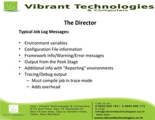 The Director
Typical Job Log Messages:
• Environment variables
• Configuration File information
• Framework Info/Warning/Error messages
• Output from the Peek Stage
• Additional info with "Reporting" environments
• Tracing/Debug output
– Must compile job in trace mode
– Adds overhead
 