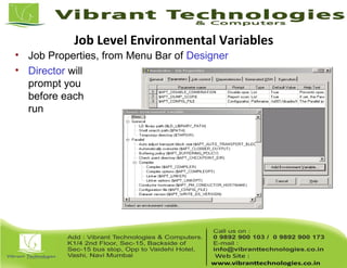 • Job Properties, from Menu Bar of Designer
• Director will
prompt you
before each
run
Job Level Environmental Variables
 