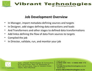 Job Development Overview
• In Manager, import metadata defining sources and targets
• In Designer, add stages defining data extractions and loads
• And Transformers and other stages to defined data transformations
• Add linkss defining the flow of data from sources to targets
• Compiled the job
• In Director, validate, run, and monitor your job
 