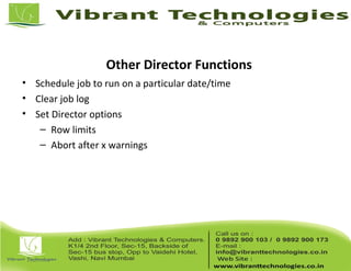 Other Director Functions
• Schedule job to run on a particular date/time
• Clear job log
• Set Director options
– Row limits
– Abort after x warnings
 