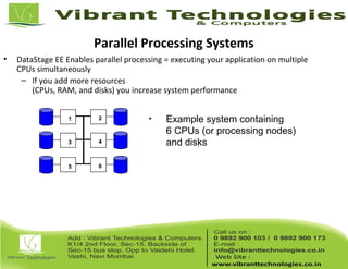 Parallel Processing Systems
• DataStage EE Enables parallel processing = executing your application on multiple
CPUs simultaneously
– If you add more resources
(CPUs, RAM, and disks) you increase system performance
• Example system containing
6 CPUs (or processing nodes)
and disks
1 2
3 4
5 6
 