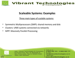 Scaleable Systems: Examples
Three main types of scalable systems
• Symmetric Multiprocessors (SMP): shared memory and disk
• Clusters: UNIX systems connected via networks
• MPP: Massively Parallel Processing
note
 