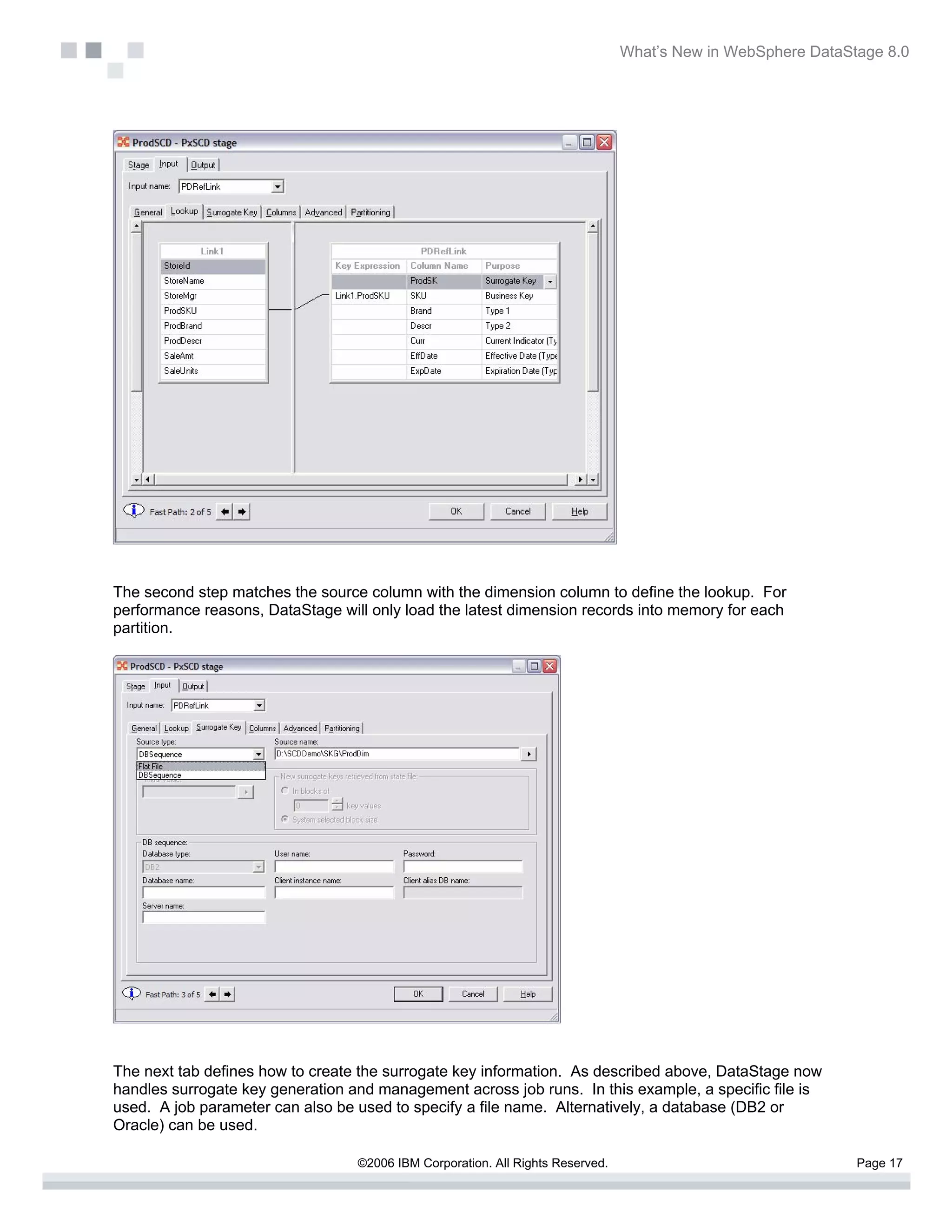What’s New in WebSphere DataStage 8.0




The second step matches the source column with the dimension column to define the lookup. For
performance reasons, DataStage will only load the latest dimension records into memory for each
partition.




The next tab defines how to create the surrogate key information. As described above, DataStage now
handles surrogate key generation and management across job runs. In this example, a specific file is
used. A job parameter can also be used to specify a file name. Alternatively, a database (DB2 or
Oracle) can be used.

                                  ©2006 IBM Corporation. All Rights Reserved.                                 Page 17
 