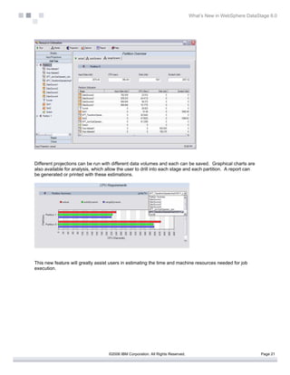 What’s New in WebSphere DataStage 8.0




Different projections can be run with different data volumes and each can be saved. Graphical charts are
also available for analysis, which allow the user to drill into each stage and each partition. A report can
be generated or printed with these estimations.




This new feature will greatly assist users in estimating the time and machine resources needed for job
execution.




                                    ©2006 IBM Corporation. All Rights Reserved.                                 Page 21
 