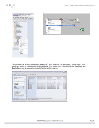 What’s New in WebSphere DataStage 8.0




The results show “What does this item depend on?” and “Where is this item used?”, respectively. The
results are shown in a tabular view and graphically. This brings more information to the DataStage and
QualityStage user to assess the impact of a change for instance.




                                   ©2006 IBM Corporation. All Rights Reserved.                                  Page 6
 