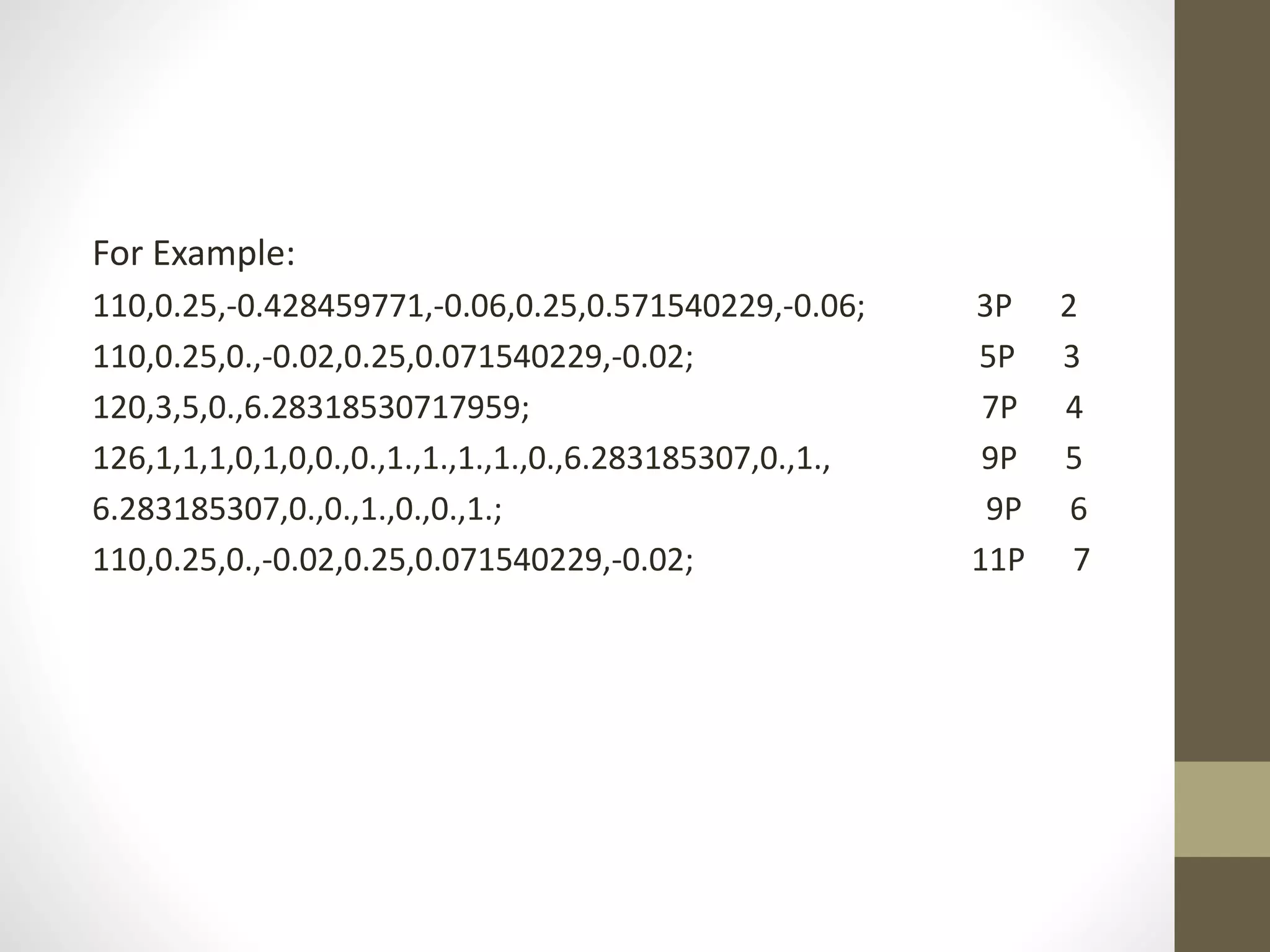 For Example: 
110,0.25,-0.428459771,-0.06,0.25,0.571540229,-0.06; 3P 2 
110,0.25,0.,-0.02,0.25,0.071540229,-0.02; 5P 3 
120,3,5,0.,6.28318530717959; 7P 4 
126,1,1,1,0,1,0,0.,0.,1.,1.,1.,1.,0.,6.283185307,0.,1., 9P 5 
6.283185307,0.,0.,1.,0.,0.,1.; 9P 6 
110,0.25,0.,-0.02,0.25,0.071540229,-0.02; 11P 7 
 