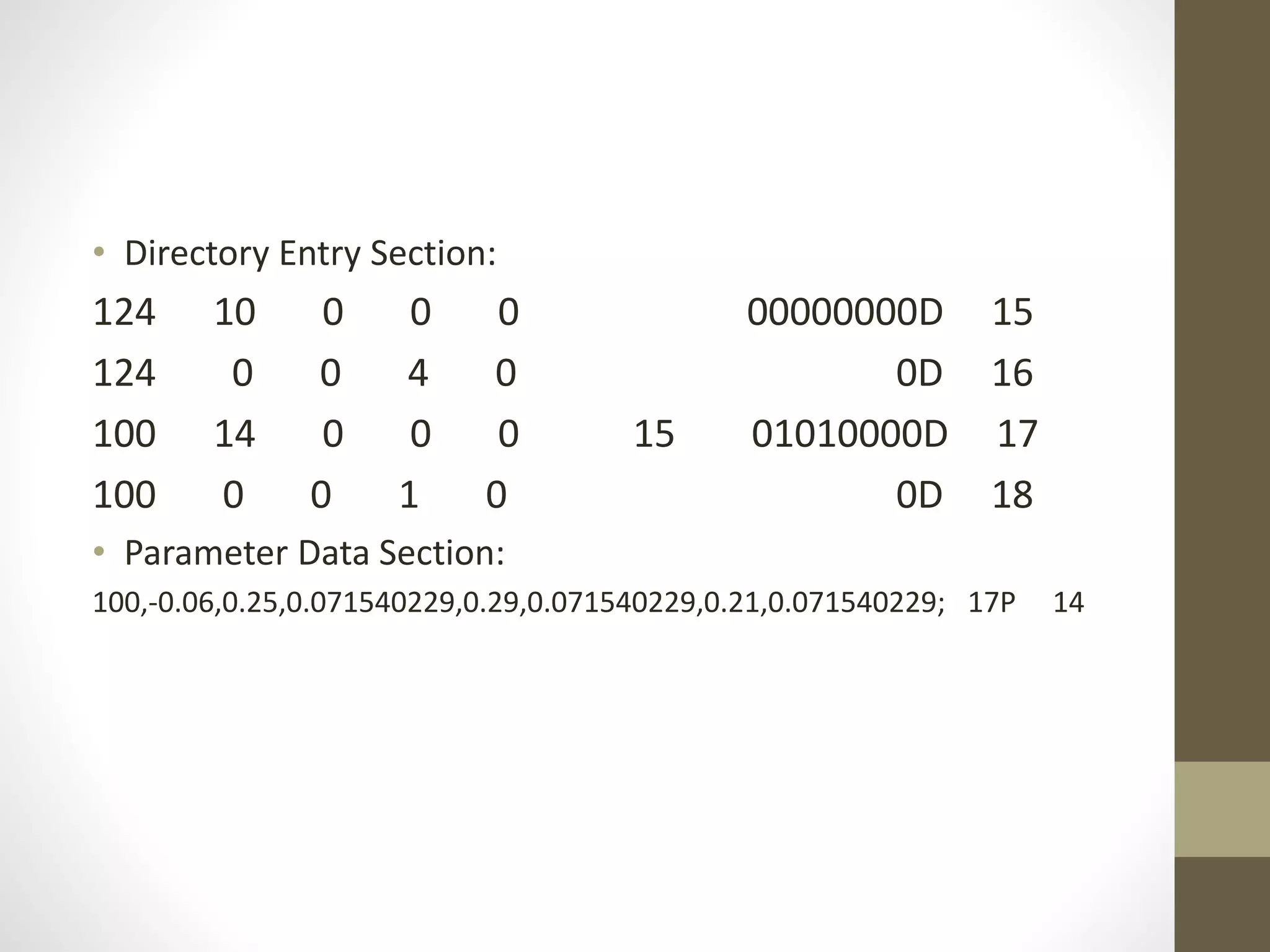 • Directory Entry Section: 
124 10 0 0 0 00000000D 15 
124 0 0 4 0 0D 16 
100 14 0 0 0 15 01010000D 17 
100 0 0 1 0 0D 18 
• Parameter Data Section: 
100,-0.06,0.25,0.071540229,0.29,0.071540229,0.21,0.071540229; 17P 14 
 