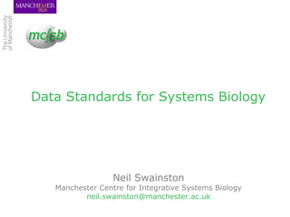 Data Standards for Systems Biology
Neil Swainston
Manchester Centre for Integrative Systems Biology
neil.swainston@manchester.ac.uk
 