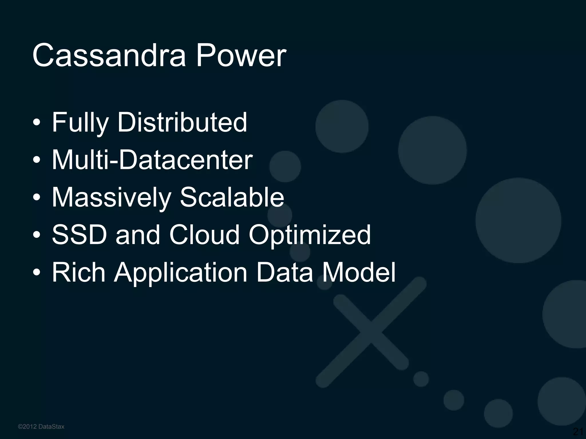 Instagram Scales Engaged Networks
• Transitioned from Redis (in-memory cache) to
Cassandra in Amazon Web Services EC2
• Doubled cluster—and then doubled again—to support
150MM users on new infrastructure
• Continue to scale in spite of Justin Bieber storms, video
formats, new features, new markets
CASSAN DRA
AT IN STAGRAM
Rick Branson, Infrastructure Engineer
@
rbranson
c om i t ac b02daea57dc a889c 2aa45963754a271f a51566
m
Aut hor : Ri c k Br ans on
Dat e:
Sun Feb 10 20: 36: 34 2013 - 0800
Doubl ed C* c l us t er

2013 Cassandra Summit
#cassandra13
June 12, 2013
San Francisco, CA

21

 