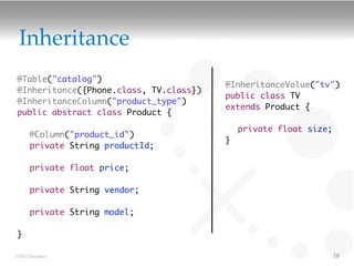 Inheritance
@Table("catalog")
                                        @InheritanceValue("tv")
@Inheritance({Phone.class, TV.class})
                                        public class TV
@InheritanceColumn("product_type")
                                        extends Product {
public abstract class Product {

                                        	 private float size;
	     @Column("product_id")
                                        }
	     private String productId;
	
	     private float price;
	
	     private String vendor;
	
	     private String model;

}

©2012 DataStax                                                  28
 