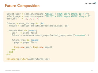 © 2015 DataStax, All Rights Reserved.
Future Composition
12
select_user = session.prepare("SELECT * FROM users WHERE id = ?")
select_page = session.prepare("SELECT * FROM pages WHERE slug = ?")
user_ids = [1, 2, 3, 4]
futures = user_ids.map do |id|
future = session.execute_async(select_user, id)
future.then do |users|
user = users.first
future = session.execute_async(select_page, user[‘username'])
future.then do |pages|
page = pages.first
User.new(user, Page.new(page))
end
end
end
Cassandra::Future.all(futures).get
 