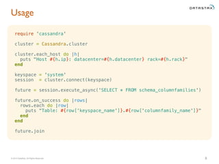 © 2015 DataStax, All Rights Reserved.
Usage
8
require 'cassandra'
cluster = Cassandra.cluster
cluster.each_host do |h|
puts "Host #{h.ip}: datacenter=#{h.datacenter} rack=#{h.rack}"
end
keyspace = 'system'
session = cluster.connect(keyspace)
future = session.execute_async('SELECT * FROM schema_columnfamilies')
future.on_success do |rows|
rows.each do |row|
puts “Table: #{row[‘keyspace_name']}.#{row['columnfamily_name']}"
end
end
future.join
 