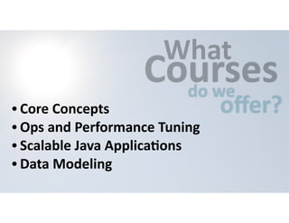 CWouhartses 
do 
we offer? 
• Core 
Concepts 
• Ops 
and 
Performance 
Tuning 
• Scalable 
Java 
ApplicaHons 
• Data 
Modeling 
 