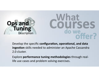 CWouhartses 
do 
we offer? 
Ops 
and 
Tuning 
Descrip=on 
Develop 
the 
specific 
configuraHon, 
operaHonal, 
and 
data 
ingesHon 
skills 
needed 
to 
administer 
an 
Apache 
Cassandra 
2.0 
cluster. 
Explore 
performance 
tuning 
methodologies 
through 
real-­‐ 
life 
use 
cases 
and 
problem 
solving 
exercises. 
 