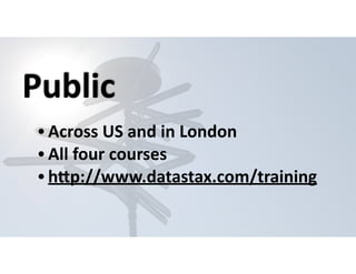 Public 
• Across 
US 
and 
in 
London 
• All 
four 
courses 
• hPp://www.datastax.com/training 
 