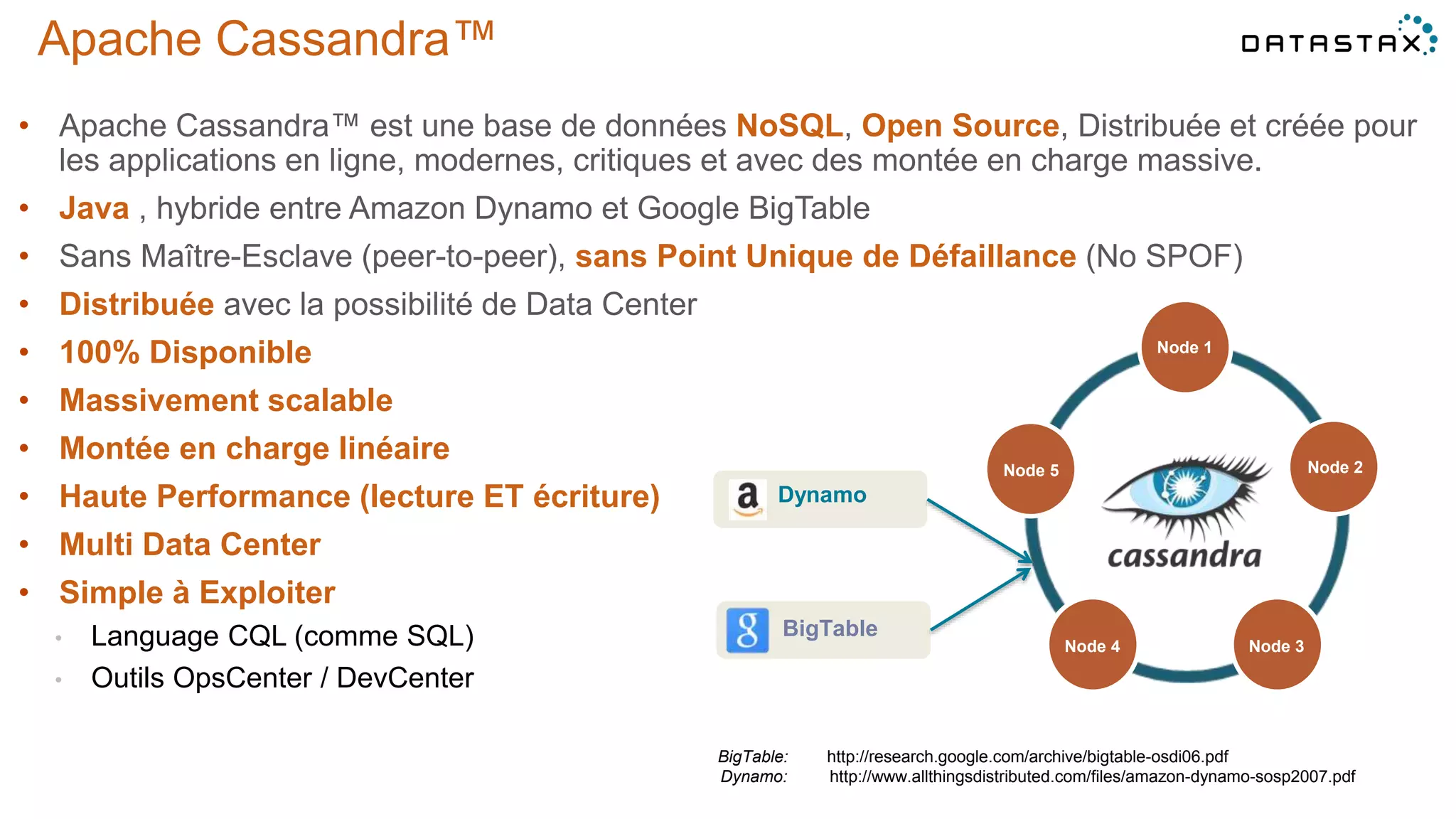 Apache Cassandra™
• Apache Cassandra™ est une base de données NoSQL, Open Source, Distribuée et créée pour
les applications en ligne, modernes, critiques et avec des montée en charge massive.
• Java , hybride entre Amazon Dynamo et Google BigTable
• Sans Maître-Esclave (peer-to-peer), sans Point Unique de Défaillance (No SPOF)
• Distribuée avec la possibilité de Data Center
• 100% Disponible
• Massivement scalable
• Montée en charge linéaire
• Haute Performance (lecture ET écriture)
• Multi Data Center
• Simple à Exploiter
• Language CQL (comme SQL)
• Outils OpsCenter / DevCenter
6
Dynamo
BigTable
BigTable: http://research.google.com/archive/bigtable-osdi06.pdf
Dynamo: http://www.allthingsdistributed.com/files/amazon-dynamo-sosp2007.pdf
Node 1
Node 2
Node 3Node 4
Node 5
 