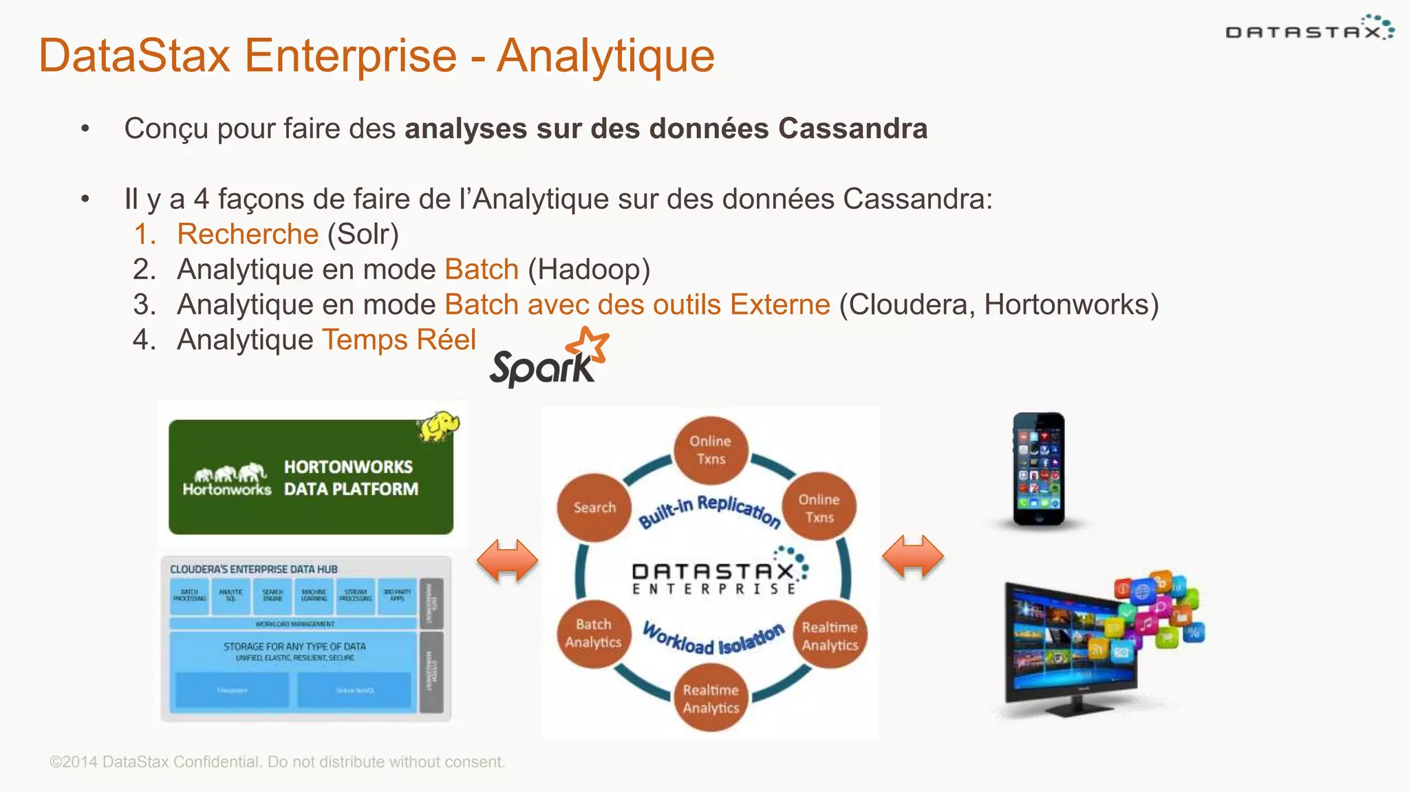 DataStax Enterprise - Analytique
• Conçu pour faire des analyses sur des données Cassandra
• Il y a 4 façons de faire de l’Analytique sur des données Cassandra:
1. Recherche (Solr)
2. Analytique en mode Batch (Hadoop)
3. Analytique en mode Batch avec des outils Externe (Cloudera, Hortonworks)
4. Analytique Temps Réel
©2014 DataStax Confidential. Do not distribute without consent.
 