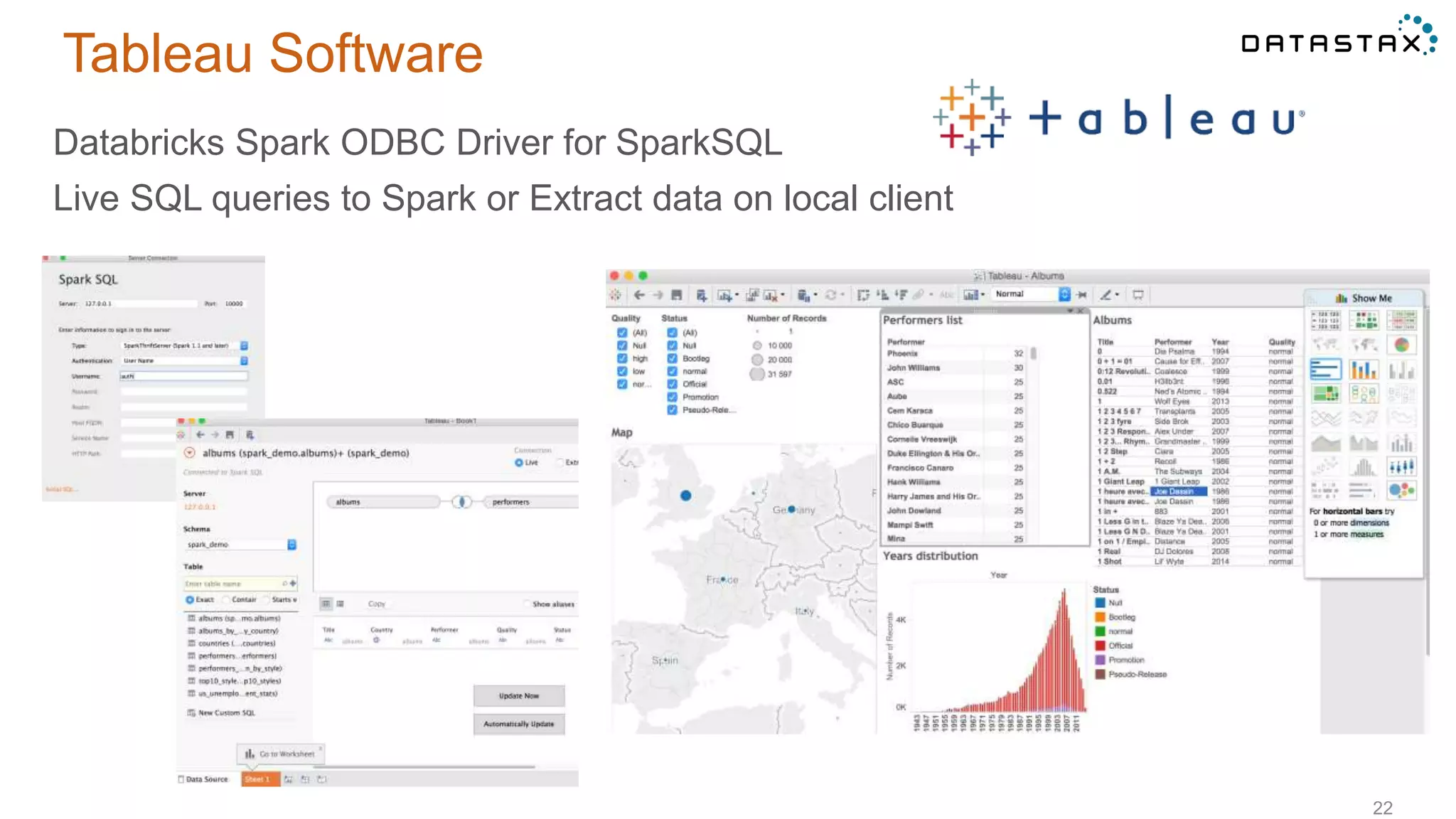 Tableau Software
22
Databricks Spark ODBC Driver for SparkSQL
Live SQL queries to Spark or Extract data on local client
 