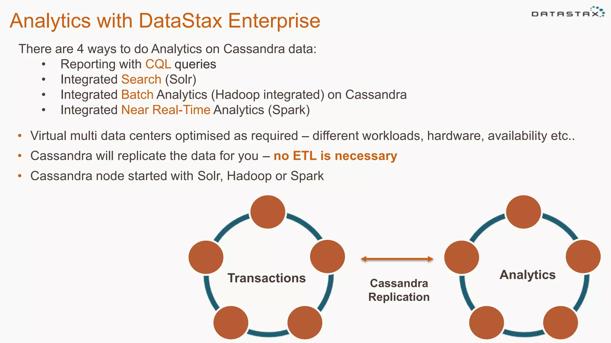 Analytics with DataStax Enterprise
There are 4 ways to do Analytics on Cassandra data:
• Reporting with CQL queries
• Integrated Search (Solr)
• Integrated Batch Analytics (Hadoop integrated) on Cassandra
• Integrated Near Real-Time Analytics (Spark)
• Virtual multi data centers optimised as required – different workloads, hardware, availability etc..
• Cassandra will replicate the data for you – no ETL is necessary
• Cassandra node started with Solr, Hadoop or Spark
Cassandra
Replication
Transactions Analytics
 
