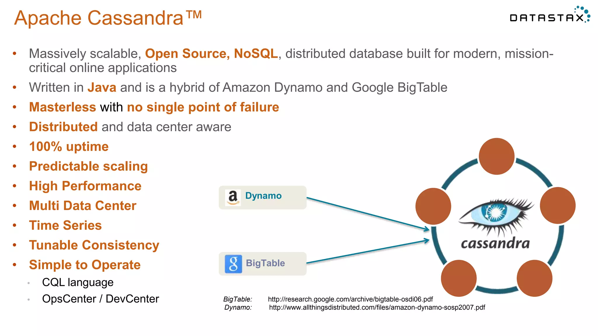 Apache Cassandra™
• Massively scalable, Open Source, NoSQL, distributed database built for modern, mission-
critical online applications
• Written in Java and is a hybrid of Amazon Dynamo and Google BigTable
• Masterless with no single point of failure
• Distributed and data center aware
• 100% uptime
• Predictable scaling
• High Performance
• Multi Data Center
• Time Series
• Tunable Consistency
• Simple to Operate
• CQL language
• OpsCenter / DevCenter
Dynamo
BigTable
BigTable: http://research.google.com/archive/bigtable-osdi06.pdf
Dynamo: http://www.allthingsdistributed.com/files/amazon-dynamo-sosp2007.pdf
 