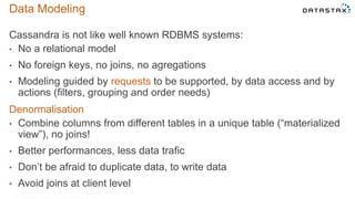 Data Modeling
Cassandra is not like well known RDBMS systems:
• No a relational model
• No foreign keys, no joins, no agregations
• Modeling guided by requests to be supported, by data access and by
actions (filters, grouping and order needs)
Denormalisation
• Combine columns from different tables in a unique table (“materialized
view”), no joins!
• Better performances, less data trafic
• Don’t be afraid to duplicate data, to write data
• Avoid joins at client level
©2014 DataStax Confidential. Do not distribute without consent. 10
 