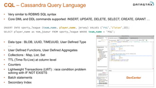 CQL – Cassandra Query Language
©2014 DataStax Confidential. Do not distribute without consent.
• Data type : BLOB, UUID, TIMEUUID, User Defined Type
…
• User Defined Functions, User Defined Aggregates
• Collections : Map, List, Set
• TTL (Time-To-Live) at column level
• Counters
• Lightweight Transactions (LWT) : race condition problem
solving with IF NOT EXISTS
• Batch statements
• Secondary Index
• Very similar to RDBMS SQL syntax
• Core DML and DDL commands supported: INSERT, UPDATE, DELETE, SELECT, CREATE, GRANT …
INSERT INTO sporty_league (team_name, player_name, jersey) VALUES (’PSG',’Zlatan’,10);
SELECT player_name as nom_joueur FROM sporty_league WHERE team_name = ‘PSG’;
DevCenter
 