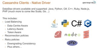 Cassandra Clients - Native Driver
DataStax drivers available and supported: Java, Python, C#, C++, Ruby, Node.js,
PHP (much more to come like Scala, Go…)
This includes:
• Load Balancing
• Data Centre Aware
• Latency Aware
• Token Aware
• Reconnection policies
• Retry policies
• Downgrading Consistency
• Plus others…
©2014 DataStax Confidential. Do not distribute without consent. 15
 
