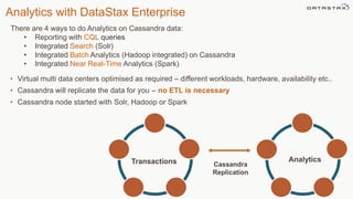 Analytics with DataStax Enterprise
There are 4 ways to do Analytics on Cassandra data:
• Reporting with CQL queries
• Integrated Search (Solr)
• Integrated Batch Analytics (Hadoop integrated) on Cassandra
• Integrated Near Real-Time Analytics (Spark)
• Virtual multi data centers optimised as required – different workloads, hardware, availability etc..
• Cassandra will replicate the data for you – no ETL is necessary
• Cassandra node started with Solr, Hadoop or Spark
Cassandra
Replication
Transactions Analytics
 